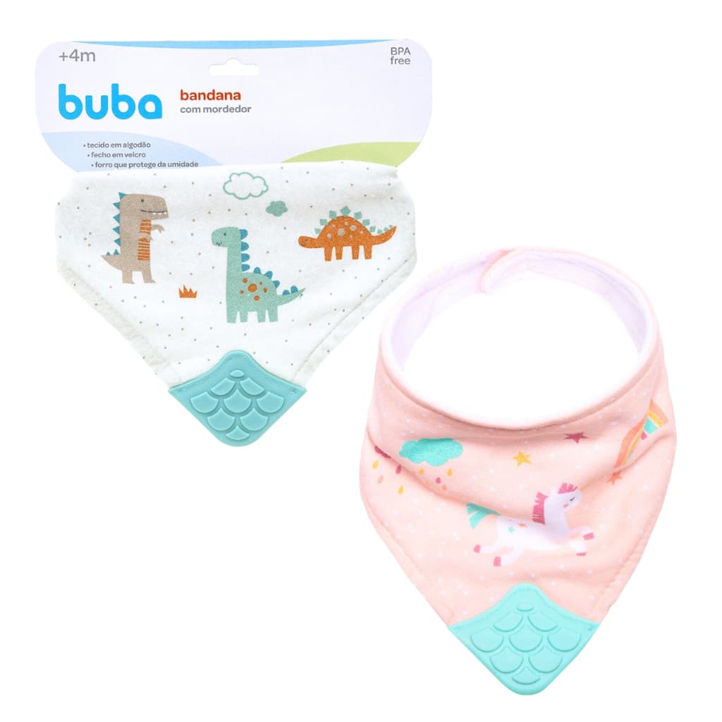 Babador Bandana com Mordedor Ajustável Tecido Algodão Atoalhado por Dentro Massageador de Gengiva