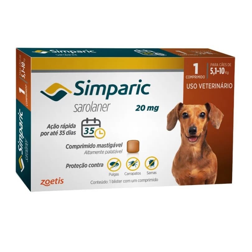 Simparic 20mg para Cães de 5,1 A 10kg - Marrom - 1 Comprimidos - Zoetis