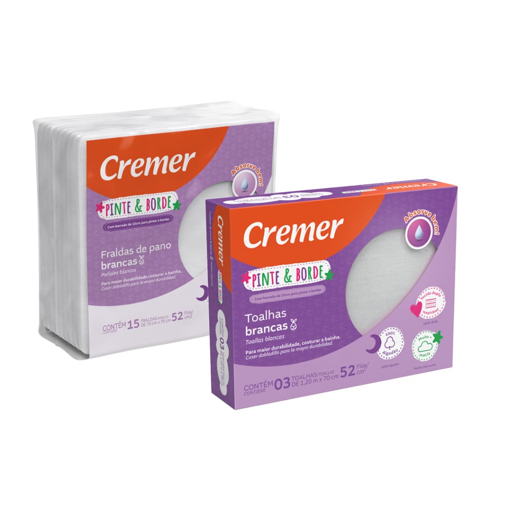 Fralda Pinte e Borde Branca 15 un + Toalha Pinte e Borde Branca 3 un - CREMER