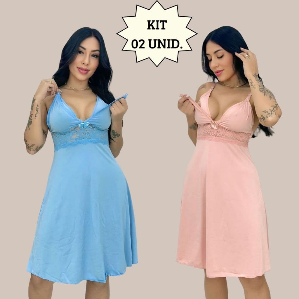 KIT 02 Camisolas Amamentação Sem Bojo com Detalhe em Renda Saída Maternidade Grávida Gestante.