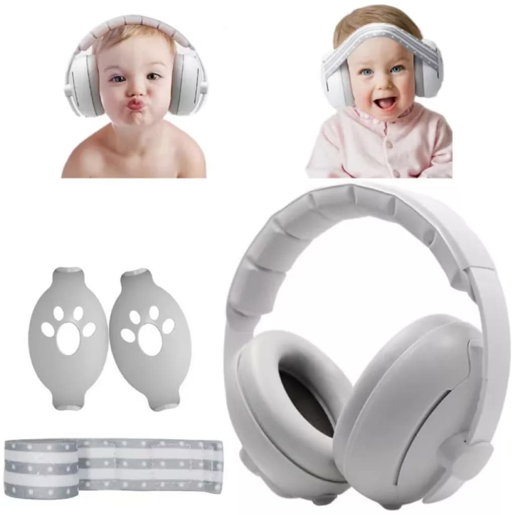Protetor Auditivo Abafador de Ruído 2 em 1 Concha Abafadora de Som para Bebê Neném Cinza Com Arco Faixa com Silicone