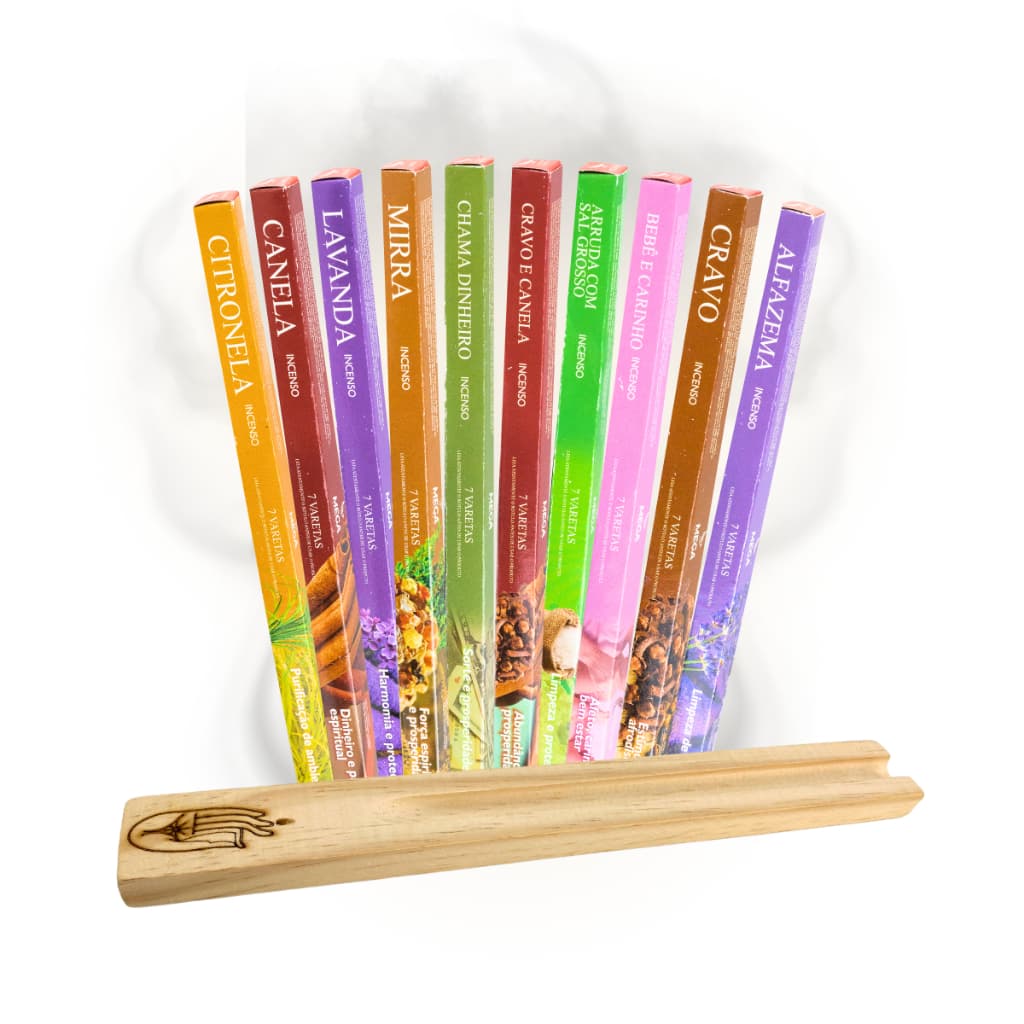 Kit 10 Caixas Incenso Indiano Mais Incensário De Madeira