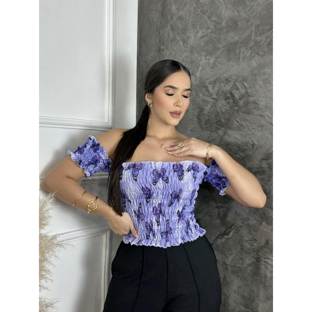 Croppeds Ciganinha Blusinha Feminina Lastex Manga Curta Ombro a Ombro