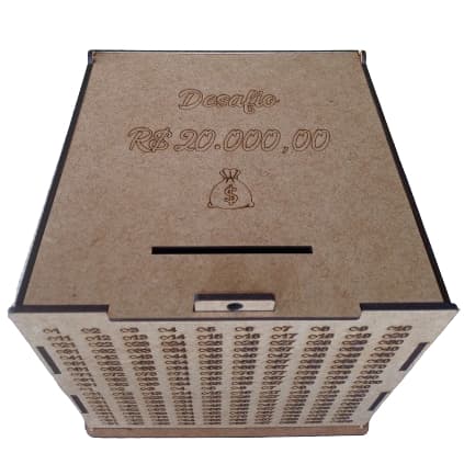 CAIXA DESAFIO 20 MIL REAIS CASAL COM FECHO PARA CADEADO, JUNTE 20 MIL EM 400 DEPÓSITOS , COM ESTA CAIXA EM MDF CRU.