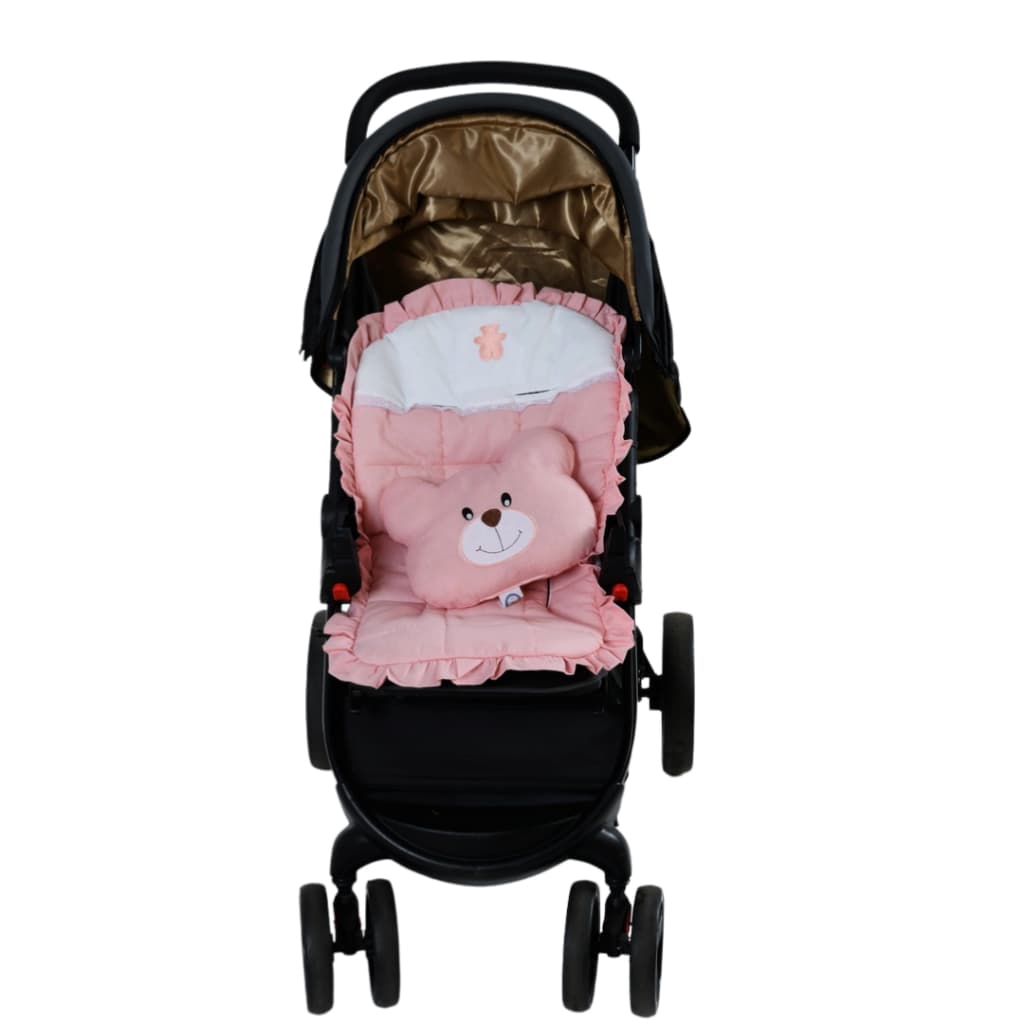 Capa Carrinho Bebê Acolchoada Menina Ursa Rosé + Almofada Ursinha