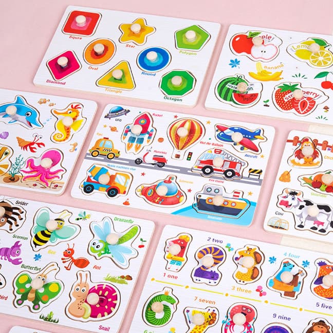 Brinquedo Encaixe Frutas Transporte Animais Madeira Quebra Cabeça Educativo Pedagógico Com Pinos MDF