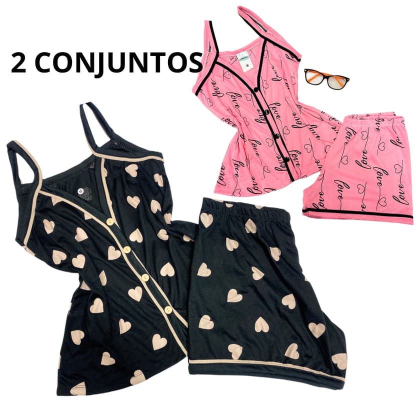 kit 2 Pijamas Feminino Alça Baby Doll Americano Com Botões que abrem Amamentação Blogueira Verão