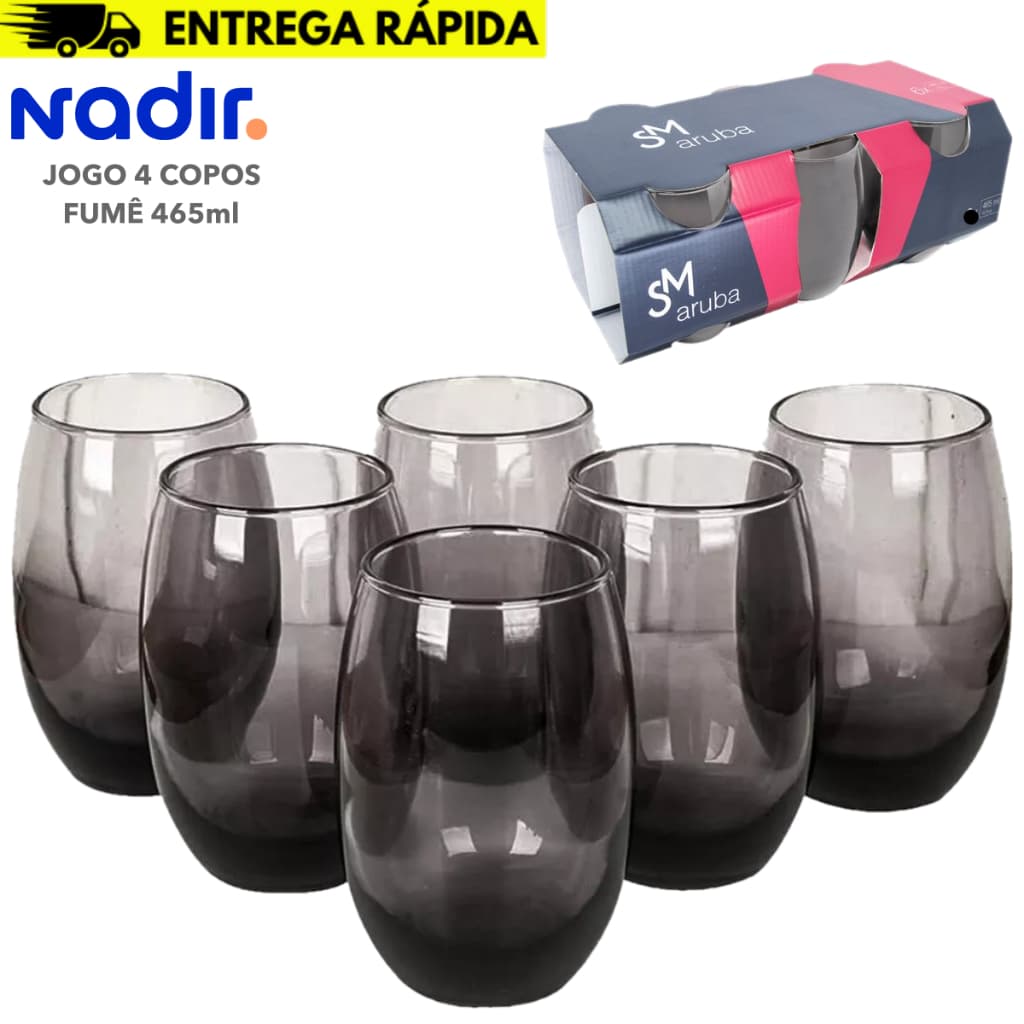 Jogo Copos Aruba Vidro Fumê Multiuso Luxo 465ml Cinza - 4 Copos Nadir Refrigerante Suco