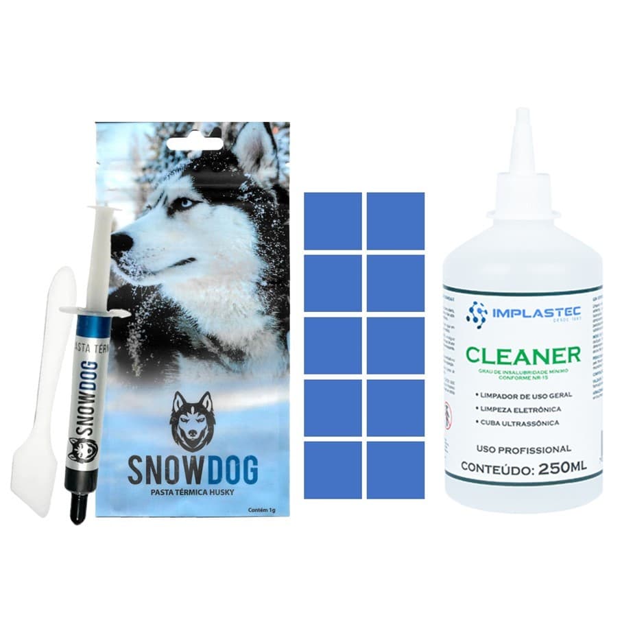 Kit Pasta Térmica SnowDog Husky 12,8 W/mk + Cleaner Implastec 250ML + Thermal Pad 10x10mm