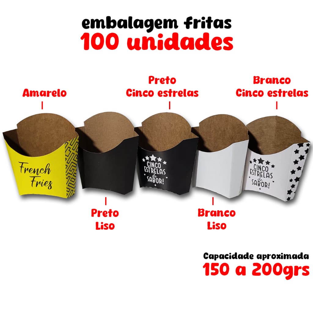 100uni Caixa Embalagem Caixinhas Batata Frita M Branca, Preta, Amarela