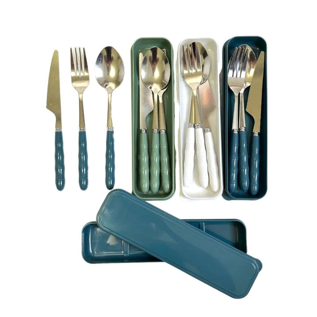 Conjunto Kit Jogo Talher 3 peças Inox Estojo Garfo Faca Marmita Viagem Portátil Pratico