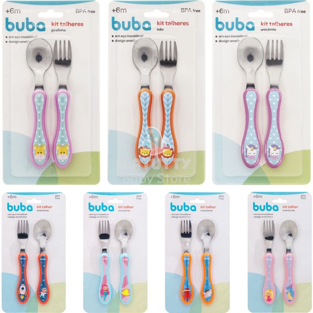 Kit Talheres Infantil Aço Inox Buba Anatômico Garfo Colher para Bebê Talher Alimentação Bebe
