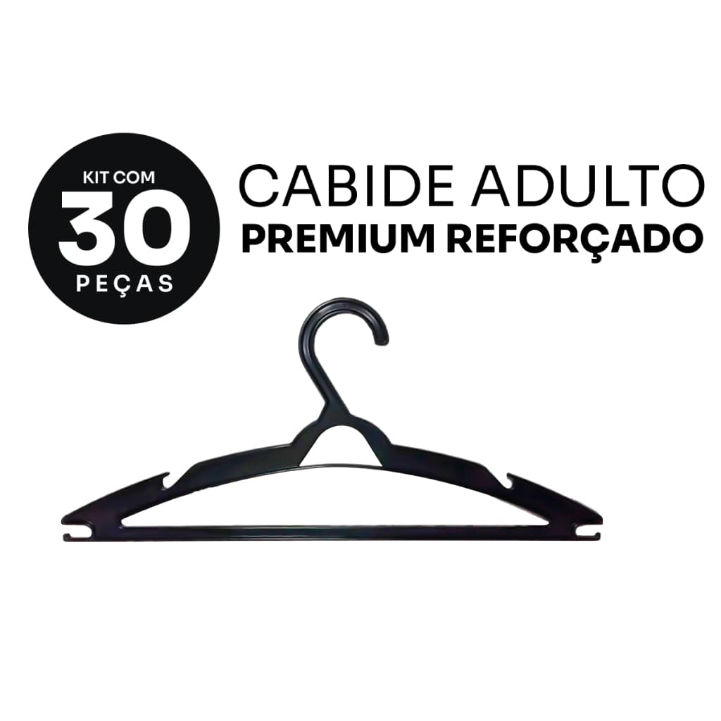 Kit 30 Cabide Adulto Reforçado Preto Plástico Cruzeta Roupas Resistente Premium