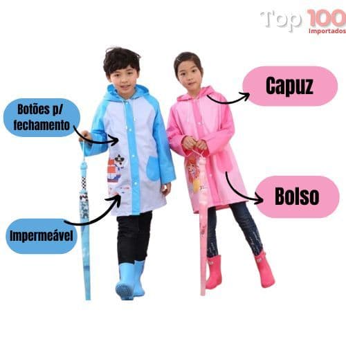 Capa De Chuva Infantil Reforçada Com Capuz Impermeável Menino ou Menina