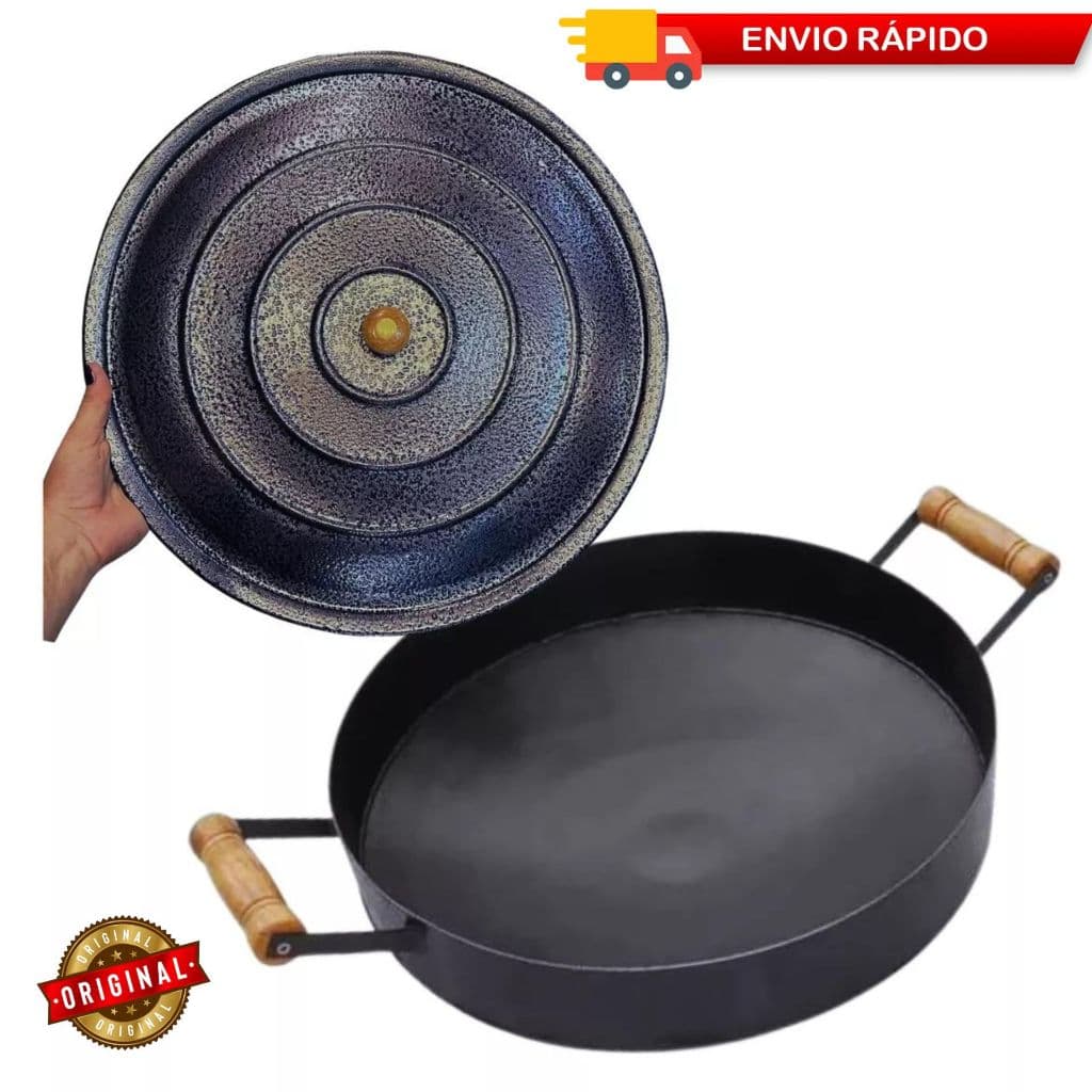 Disco chapa de arado em Aço Carbono ( Ferro + Aço)  41cm com borda 4cm e Tampa Preta com Pegador e Alças em Madeira