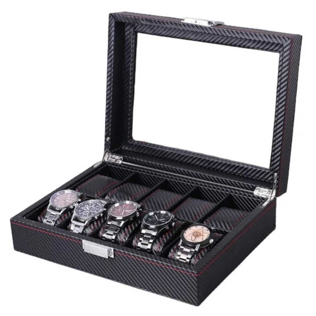 Porta Relógio em Couro com 10 Divisórias Luxo