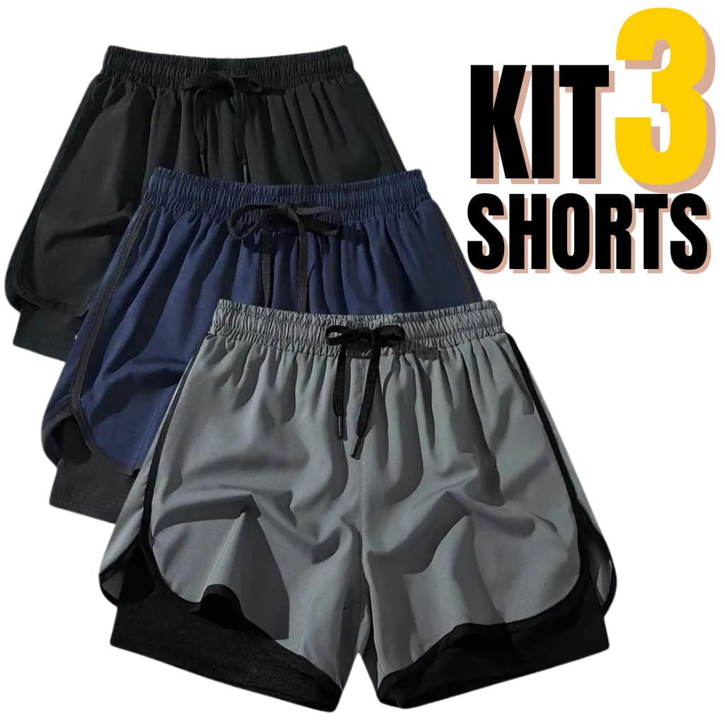 Kit 3 Shorts Masculino 2 em 1 Corrida com Forro de Compressão