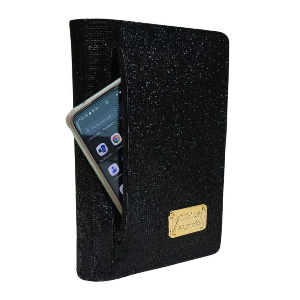Capa com Brilho para Bíblia Média com Zíper e Bolso Externo Glitter - Feminina Número 11 - Preta