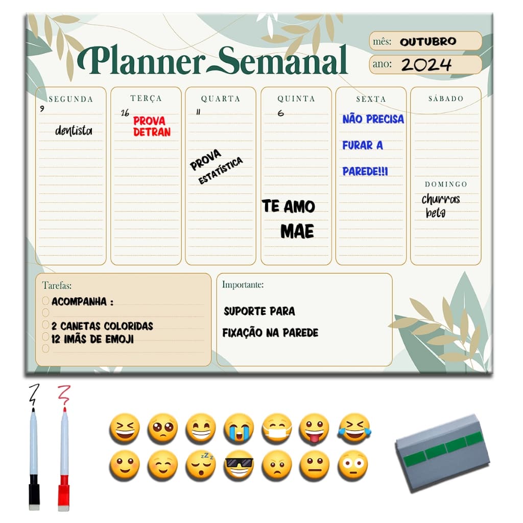 Quadro Lousa Planejador Mensal / Planejamento Semanal Planner 40x60 metal com 12 Imãs e 2 Canetas com Apagador