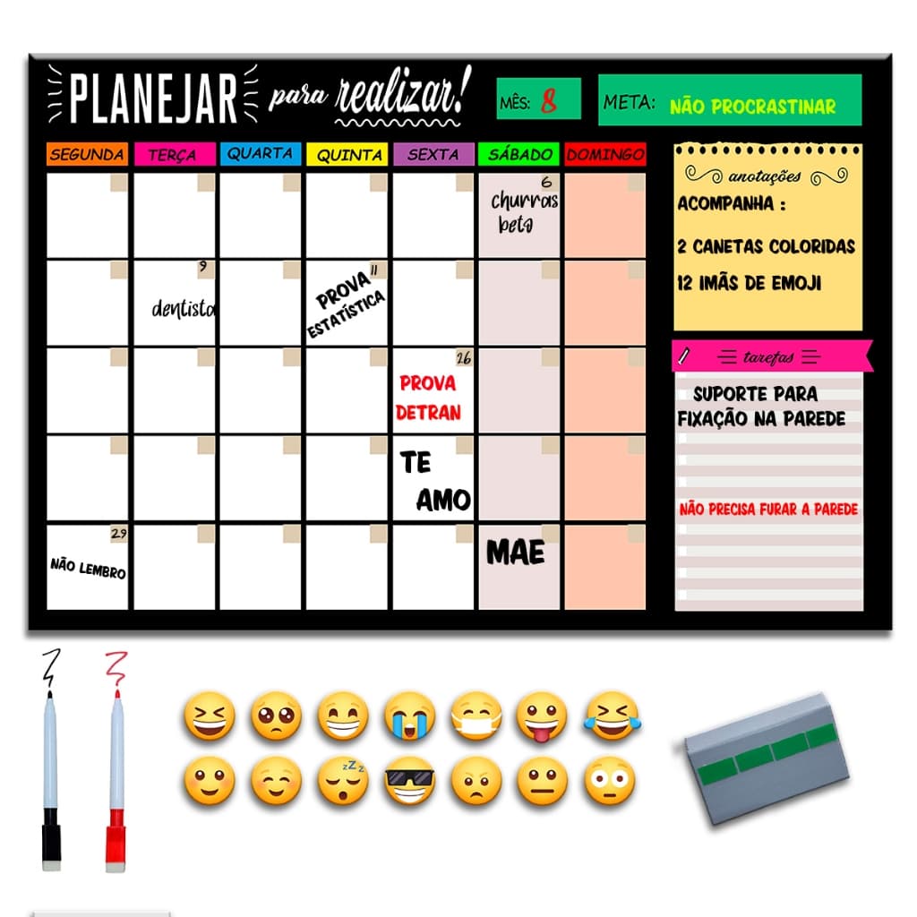 Quadro Planejamento Lousa Planner Agenda 40x60 cm + 12 Imãs e 2 Canetas