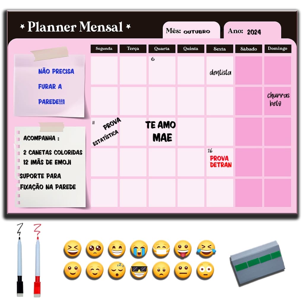 Quadro Lousa Planner Mensal Rosa  + 2 Canetas, 12 imãs com suporte de fixação