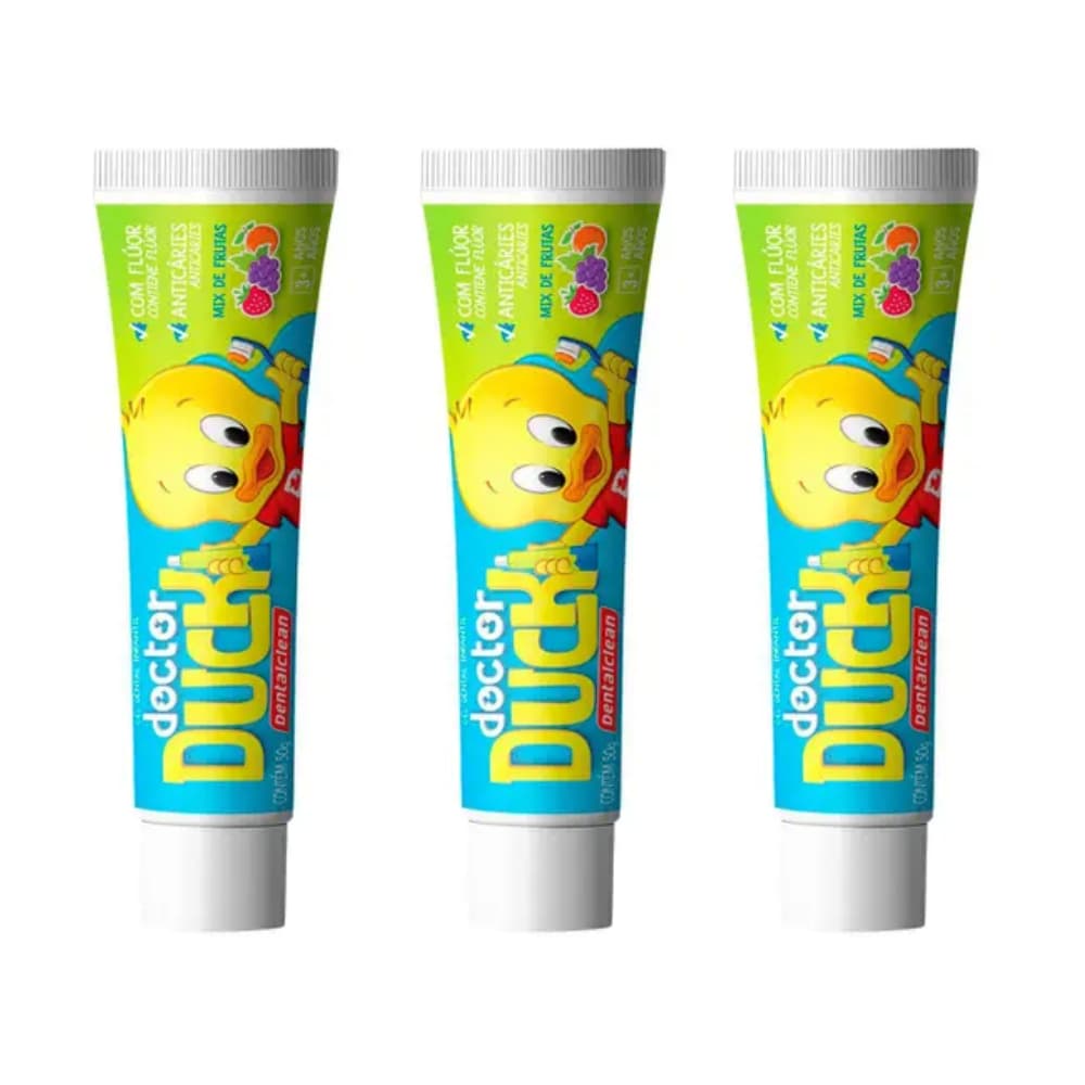 3x Gel Dental Infantil Doctor Duck Com Flúor Sabor Mix de Frutas Com 50G Dentalclean