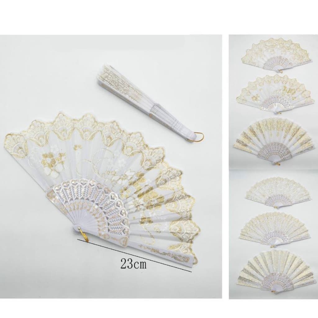 Leque branco / preto com desenho dourado / prata / liso