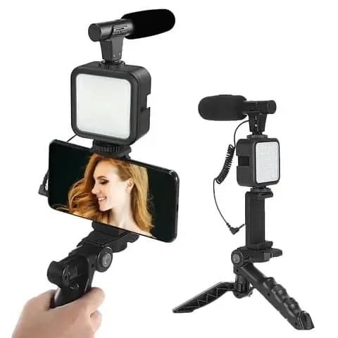 Kit De Gravação 5 em 1 Vídeo Tripé Led Suporte Pau de Selfie Controle Bluetooth Microfone P2 Para Celular