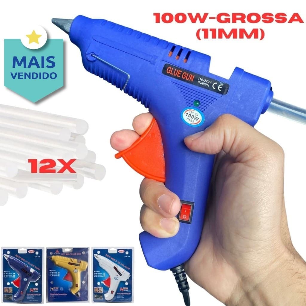 Pistola de Cola Quente Profissional Grande 100W  Botão LIGA/DESLIGA Bivolt 110-220V