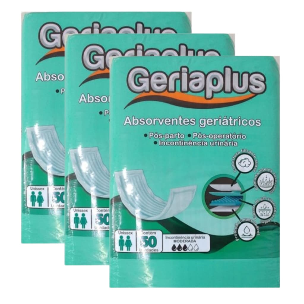Kit 3 Pacotes Absorvente Geriátrico Geriaplus Total 150 Unidade Incontinência Urinária Alta Absorção