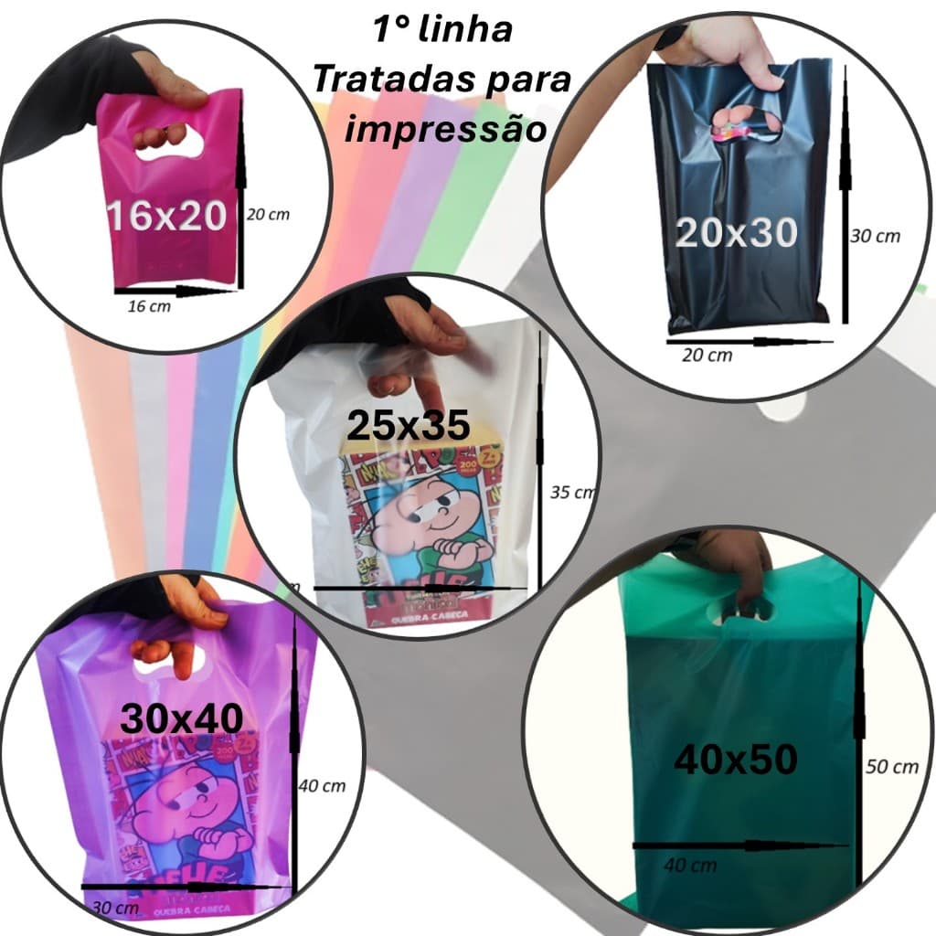 kit 50 Sacolas plásticas boca de palhaço, 1º LINHA temos as medidas, 16x20, 20x30, 30x40 e 40x50