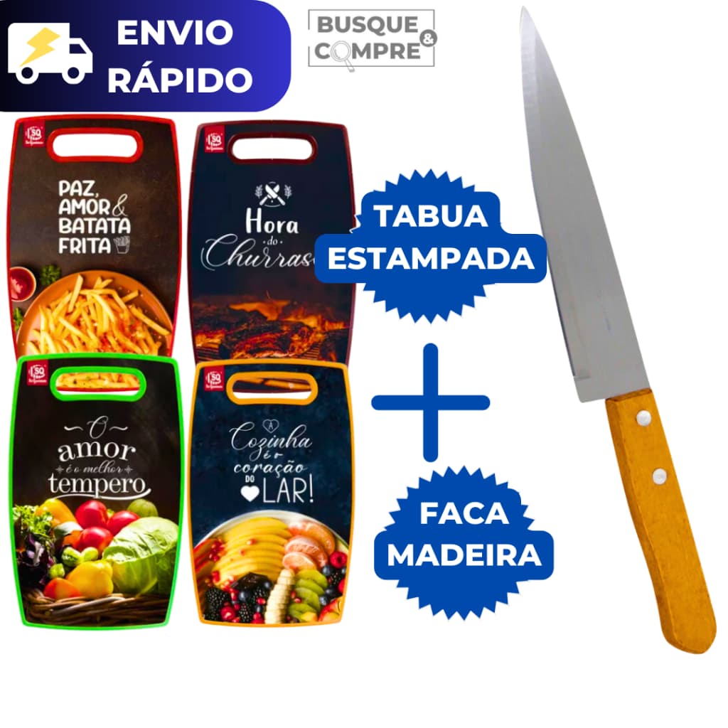 Tabua para Cortes Estampada + Faca de Cozinha de 7 Polegadas de Carne com Cabo de Madeira Desenhada