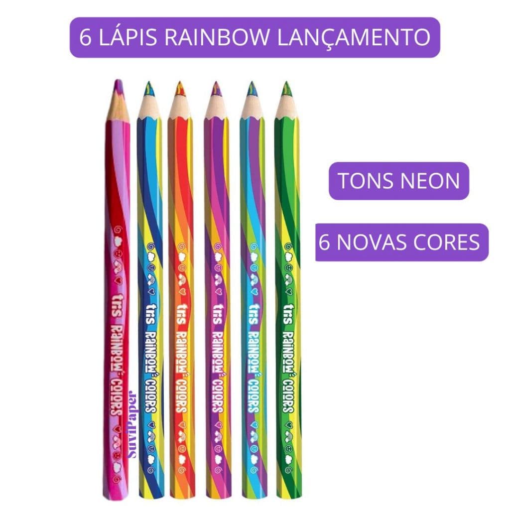 6 Lápis De Cor Jumbo Arco Íris Rainbow COLORS Tris - Grafite Colorido Escolar Artístico Novas Cores