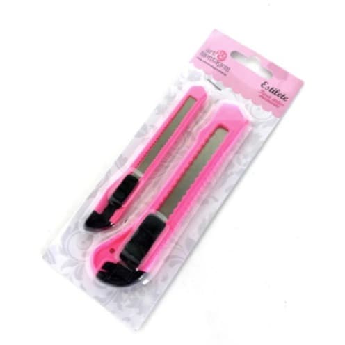 Kit 2 Estiletes Rosa Pink 18mm 10mm Aço Inox Trava Segurança Corte Papel EVA Plástico