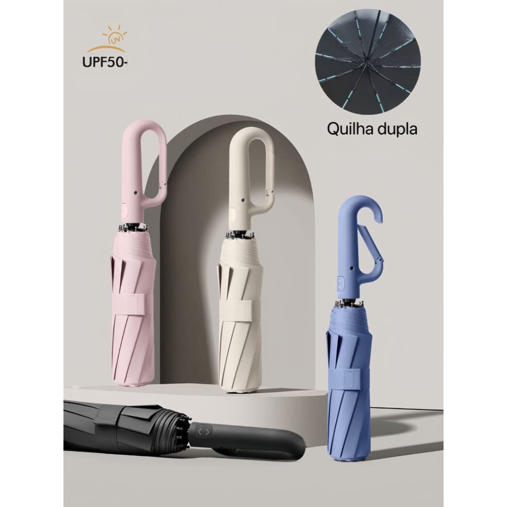 Guarda-Chuva Automático Dobrável com Fivela - Dupla Vareta, Para Sol e Chuva, Blackout UV