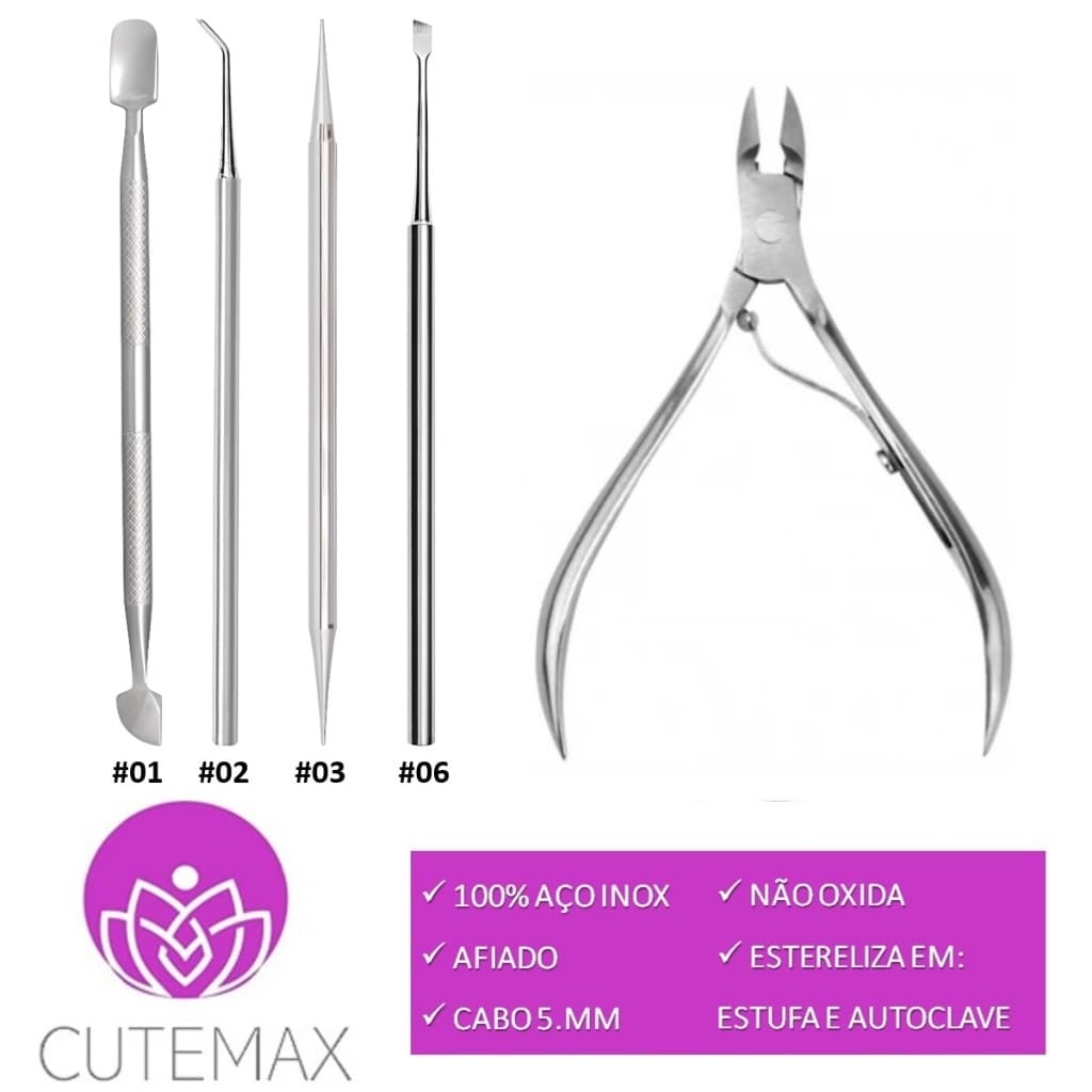 Kit Manicure 5 Peças (Alicate + Palito 2x1 + Desencravador + Espátula + Raspador)