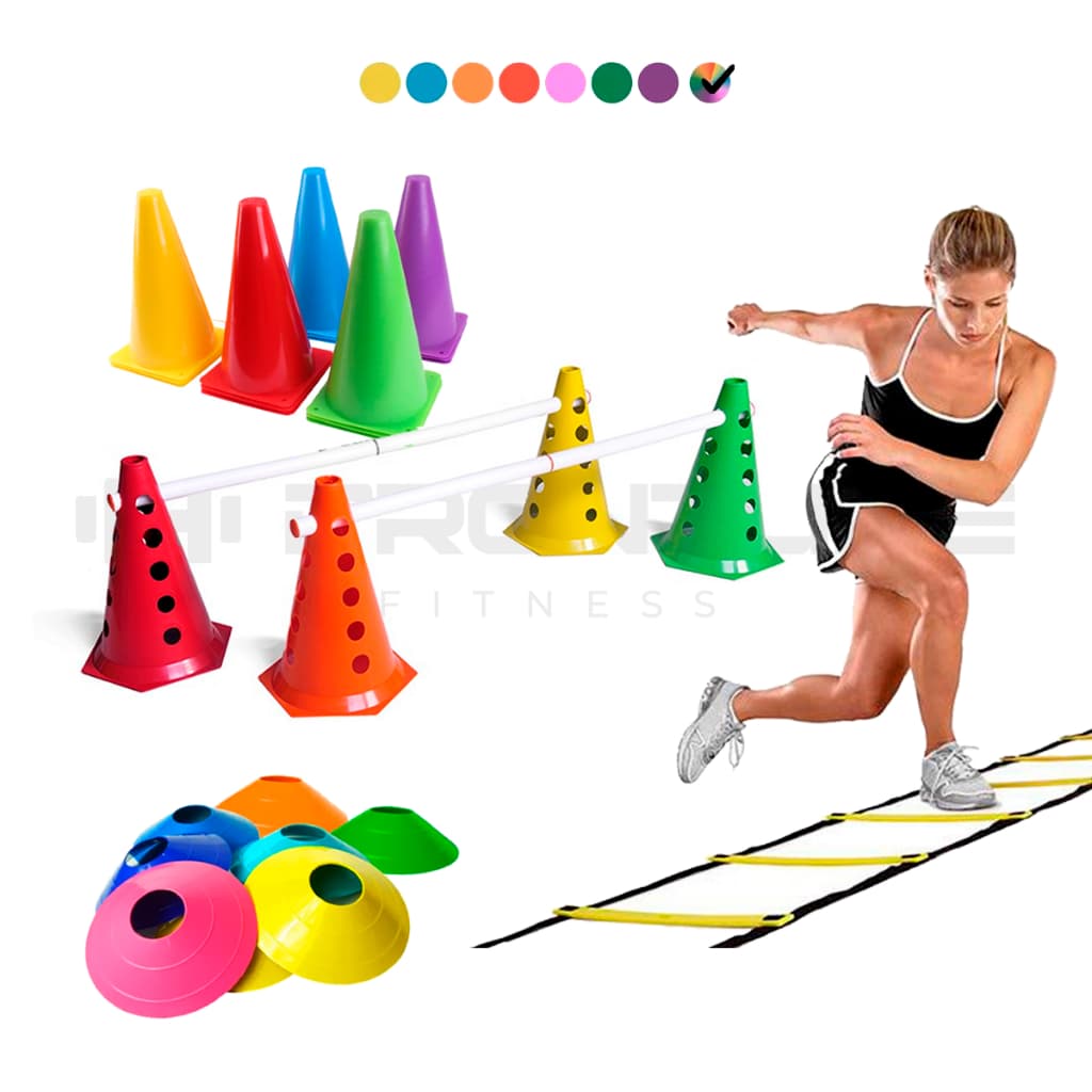 KIT Treino Funcional Agilidade 5 Chapeu + 5 Cones Lisos  + 4 Cone Com Furo + 2 Barreira + Escada
