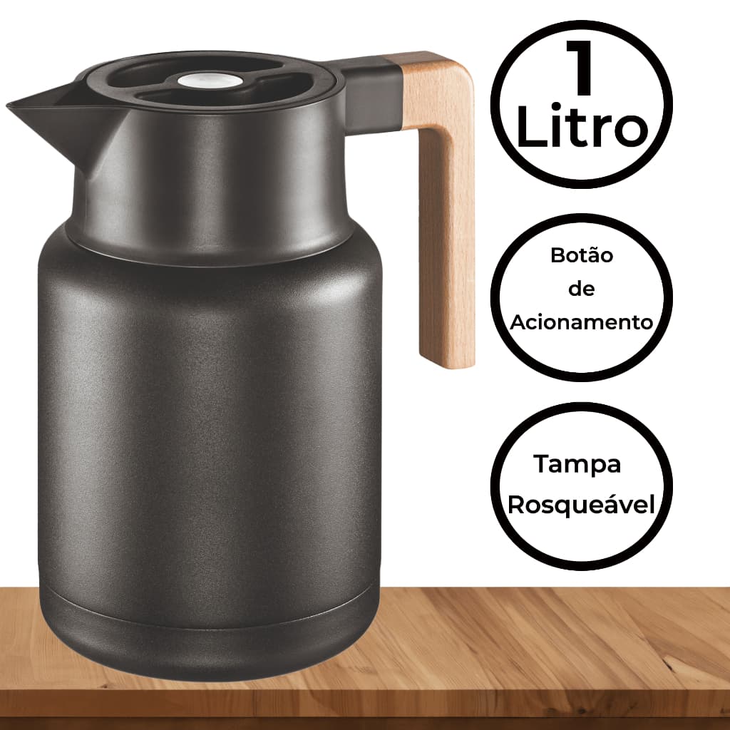 Vittak Garrafa Térmica Nórdica 1 Litro Café Chá Bule Cabo Madeira Mesa Posta Botão Fixa Temperatura Wood 1L