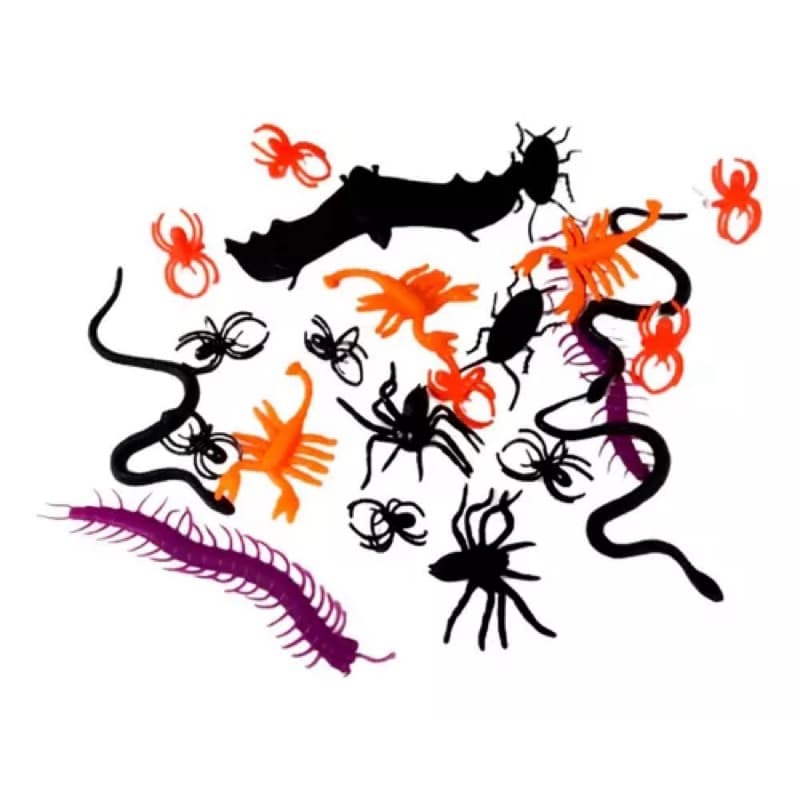24 Insetos Borracha Sortidos Coloridos Plástico Halloween Bichinhos Aranha Morcego Escorpião