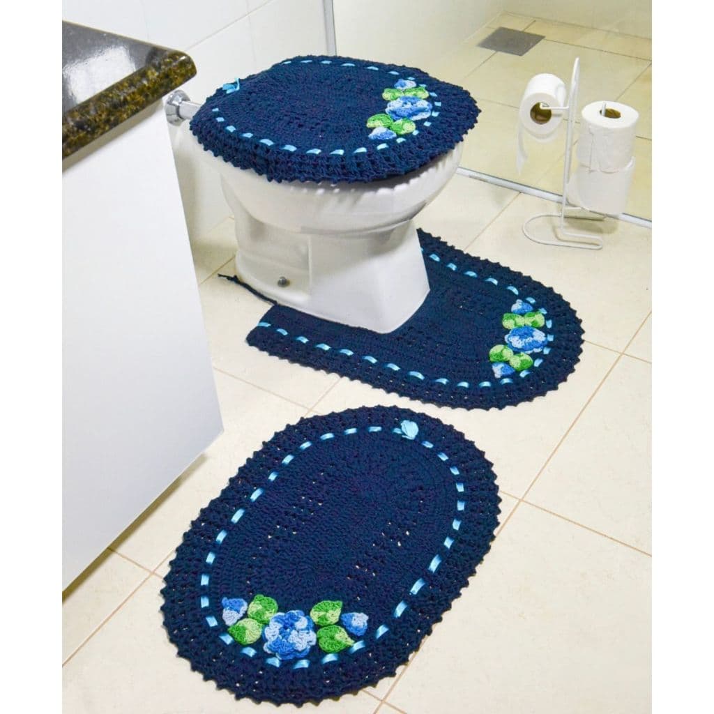 Jogo de Banheiro com 3 Peças - Bordado com Flor Barroco e Fita de Cetim