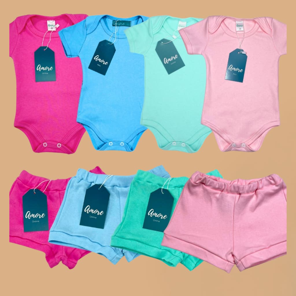 Kit 6 Peças Bebê Body Manga Curta e Shorts Conjunto Roupa Menina Menino Infantil