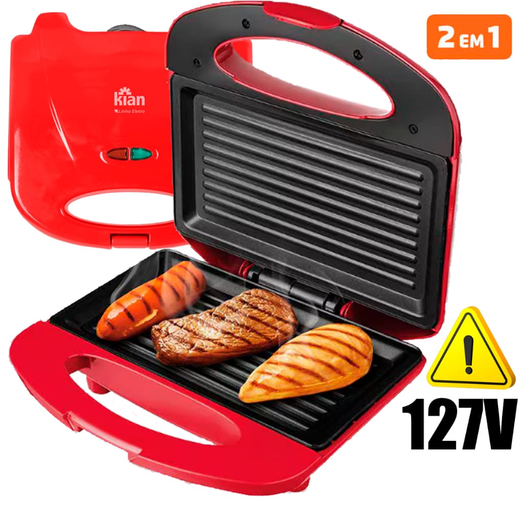Sanduicheira Grill 2 em 1 Vermelha 127V  Elétrica Sanduíches e Grelhados 750w Kian Compacta