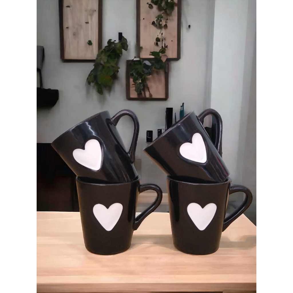 Jogo Kit 4 Canecas Xicaras Café Porcelana Coração Relevo preto