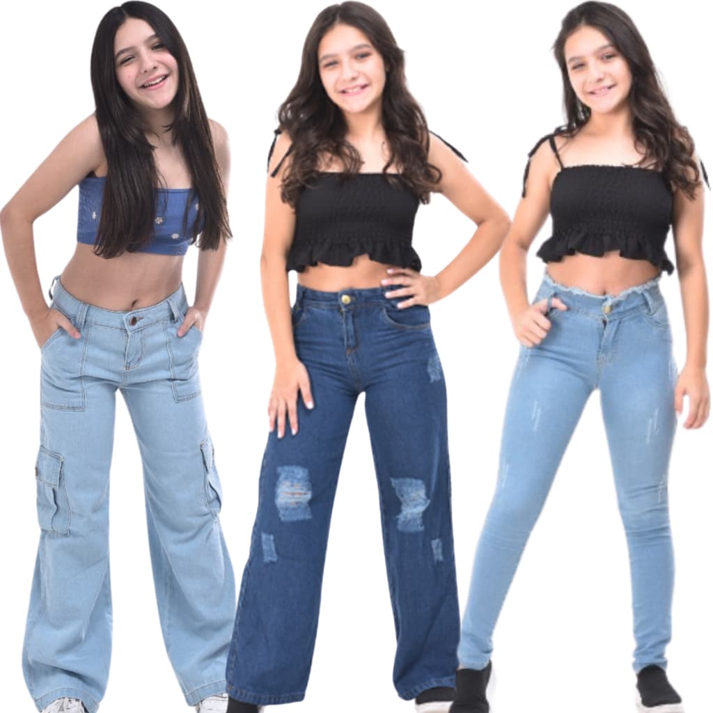 Calça jeans feminina  infantil juvenil 10 ao 16 premium cargo wide leg pantalona slim skinny