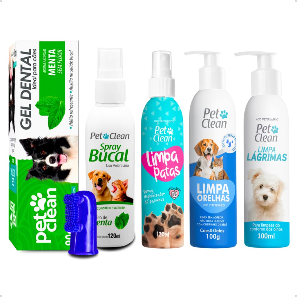 Kit Higiene Limpa Patas Ouvidos Lágrimas + Spray e Gel Dental Menta + Dedeira Cães e Gatos Pet Clean