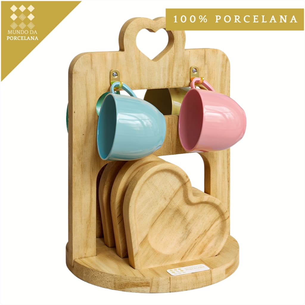 Jogo Xicara Café Porcelana E Pires Com Suporte Madeira - Mundo da Porcelana