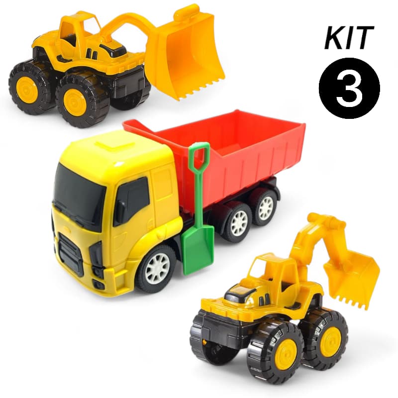 Kit Caminhão Caçamba + Pá Carregadeira + Retro Escavadeira com Pá de Areia