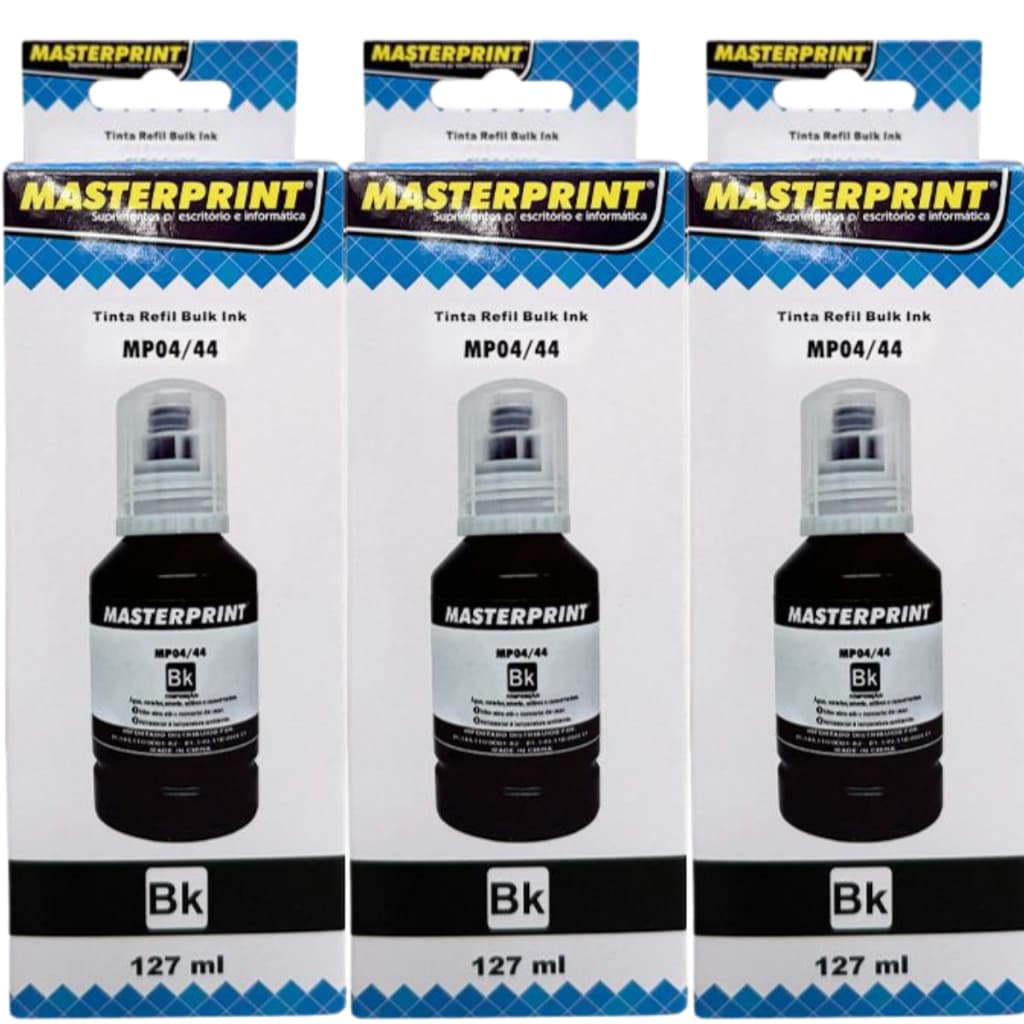 Kit 03 Refil Tintas Compatível para impressora Tank L3110 L3150 L3210 L3250 T544 Preta 127ml