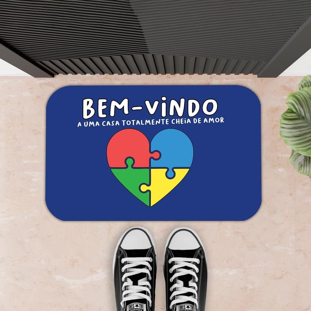TAPETE CAPACHO PORTA DE AUTISMO 34X60 - CHEIA DE AMOR AZUL-ANTIDERRAPANTE