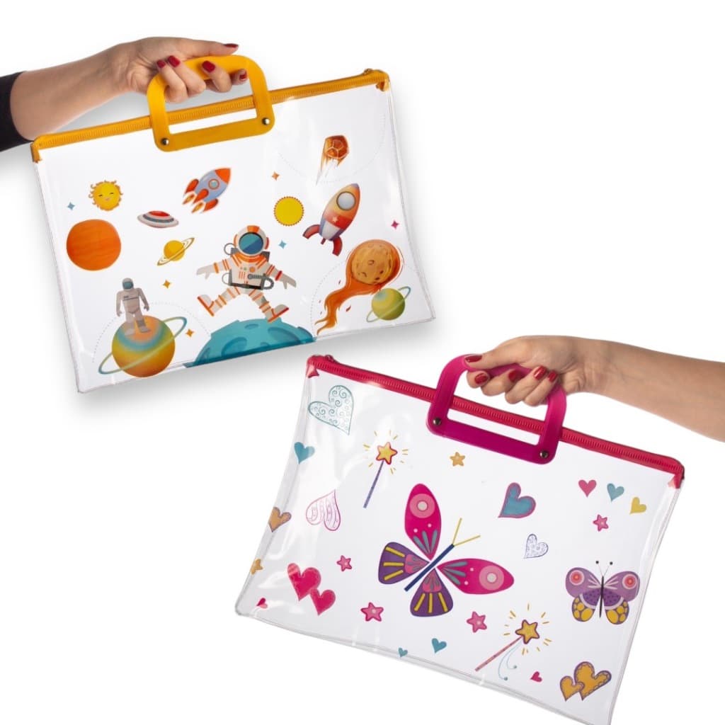 Necessaire Pasta Transparente Infantil Borboleta Astronauta Dinossauro Volta as Aulas Bolsa Escolar Impermeável